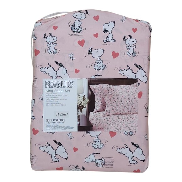 Peanuts Snoopy King Sheet Set By Berkshire Hearts Woodstock Valentines Pink - Picture 5 of 7